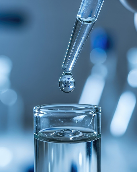 Goccia d'acqua limpida sospesa sopra un bicchiere, riflessi blusfumati in primo piano e sfondo sfumato di laboratorio.
