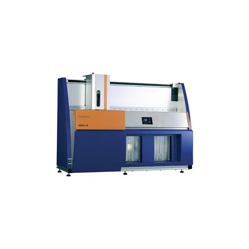 Macchina laser industriale di grandi dimensioni, blu e arancione, modulo di taglio laser con area di caduta e finestre di ispezione.
