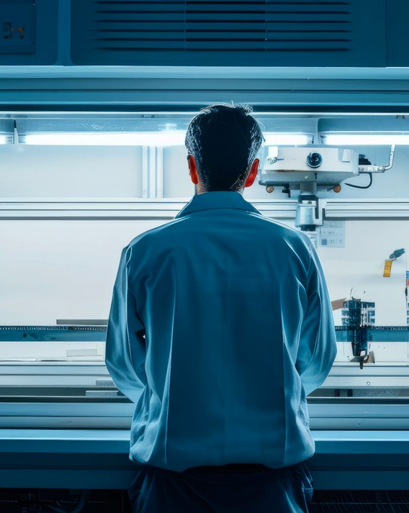 Figura di spalle in camice blu in laboratorio industriale, attrezzature e strumenti visibili sullo sfondo, illuminazione fredda e ambiente tecnico.